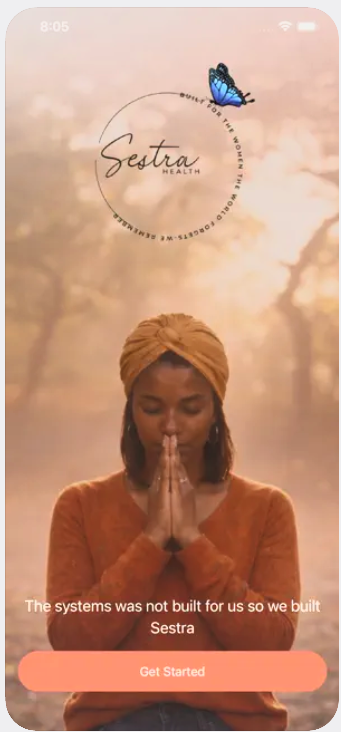Sestra welcome screen with a woman meditating and a Get Started button
