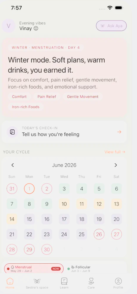 Sestra home dashboard with cycle guidance, daily check-in, and a June 2026 calendar