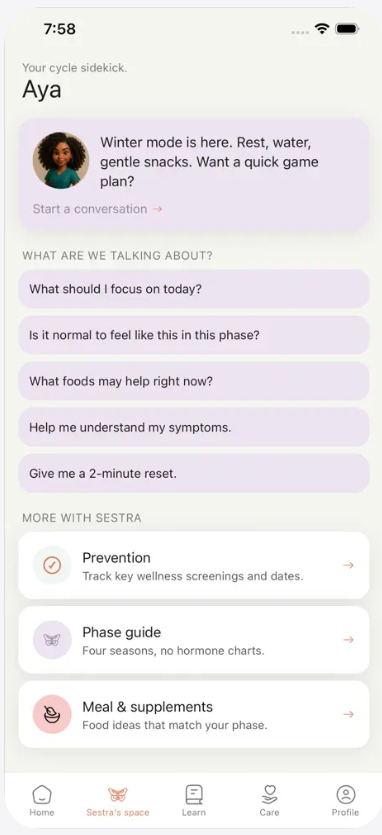 Sestra’s Aya wellness assistant with conversation prompts and phase guides